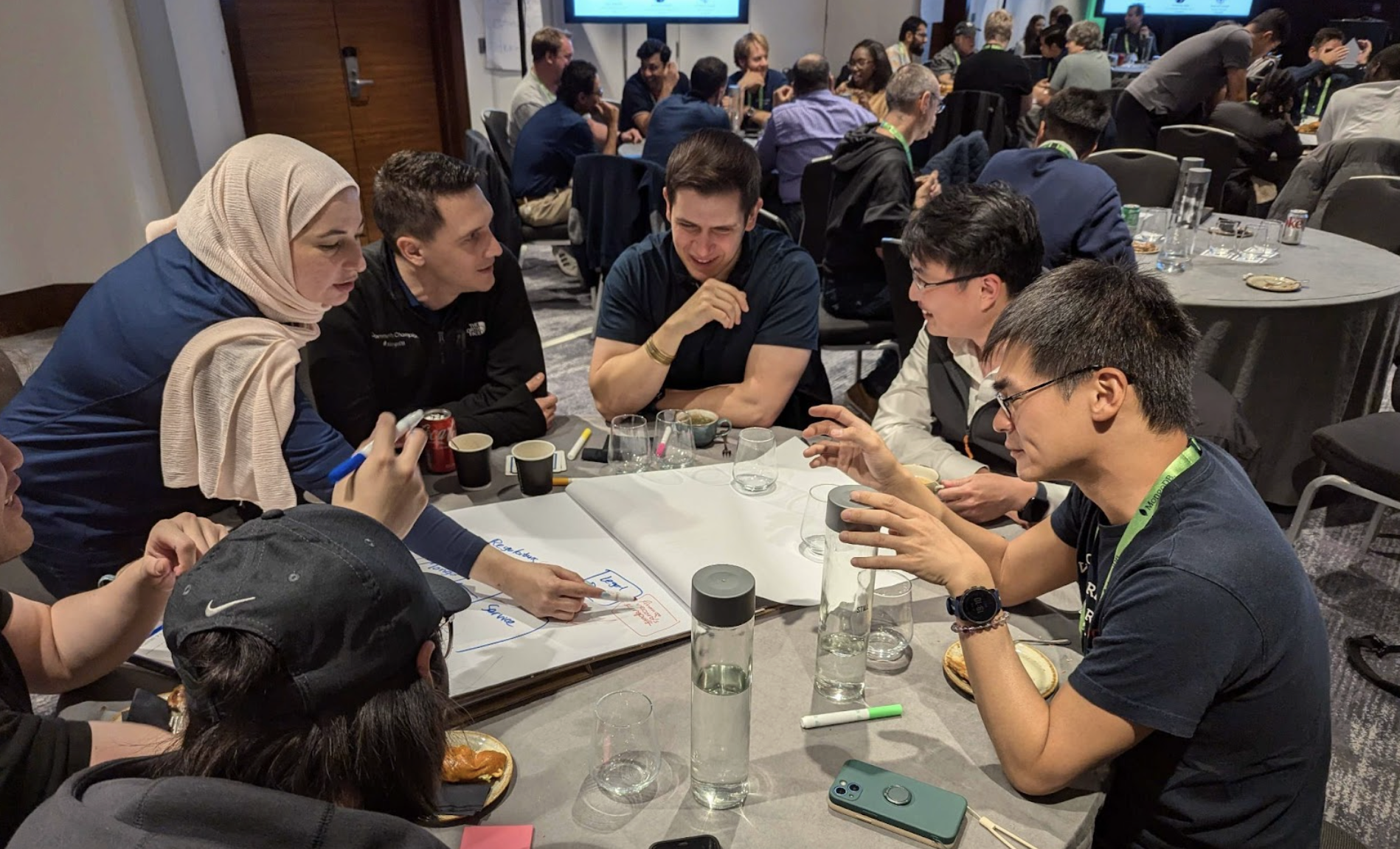 Photo of the AI for Productivity group collaborating on their workflow. The group is siting around a table and writing down ideas on a giant notepad.